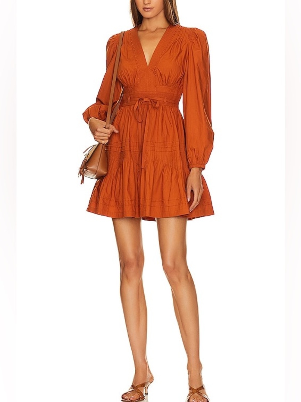 NEW ULLA JOHNSON Rust Orange V-Neck Long Sleeve Rosalind Dress - SZ 10